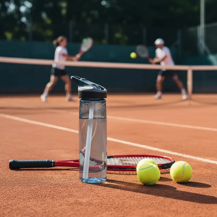 Jannu kapaklı Laken Tritan şişe tenis kortunda